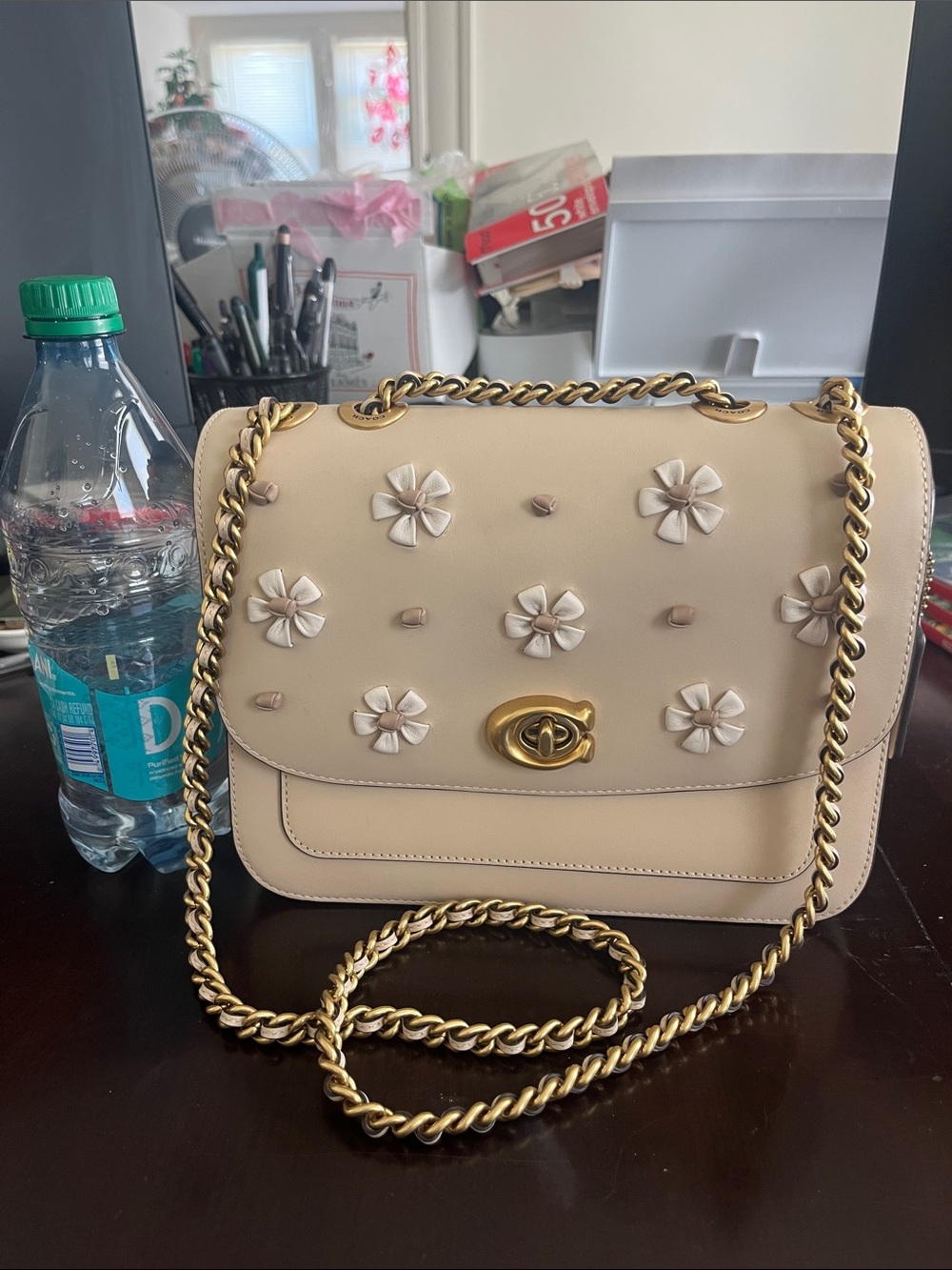 Coach Madison in Beige Floral Appliqué Chain Shoulder Bag